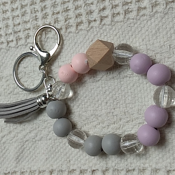 Blossom Accessories - Wooden Keychain Pink, Purple & Gray on stretchy cord w Gray tassel #15